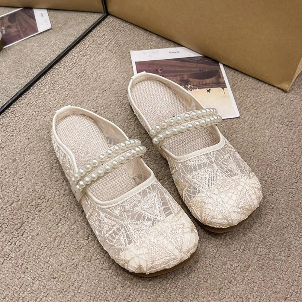Mesh Mary Jane Flats for Women Jelly Mesh Ballet Flats Backless Tennis Shoes Slip on Dress Shoes Square Toe Sandals Low Heel Beaded Strap Lightweight Breathable Casual Summer Slide Office Business