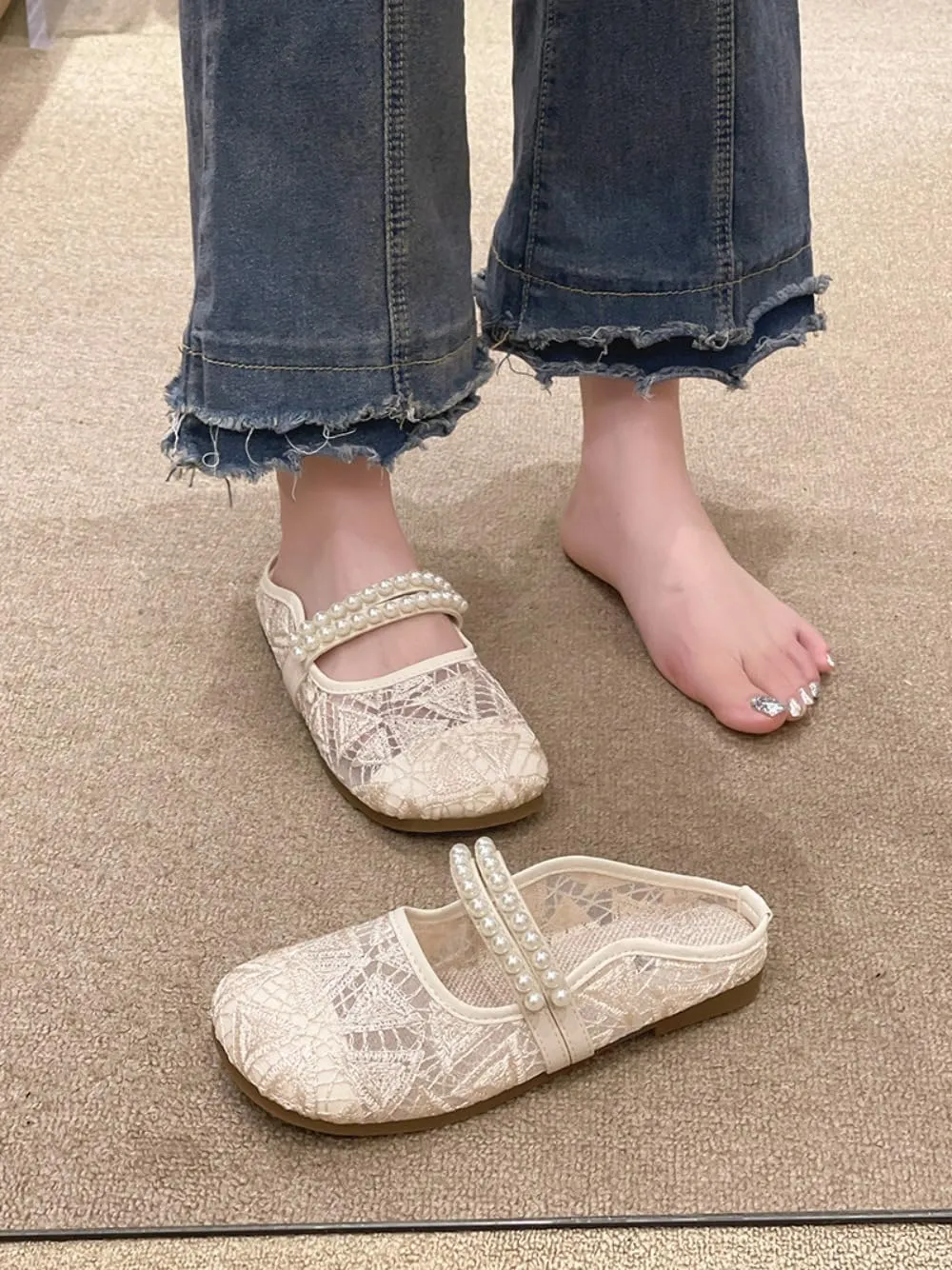 Mesh Mary Jane Flats for Women Jelly Mesh Ballet Flats Backless Tennis Shoes Slip on Dress Shoes Square Toe Sandals Low Heel Beaded Strap Lightweight Breathable Casual Summer Slide Office Business