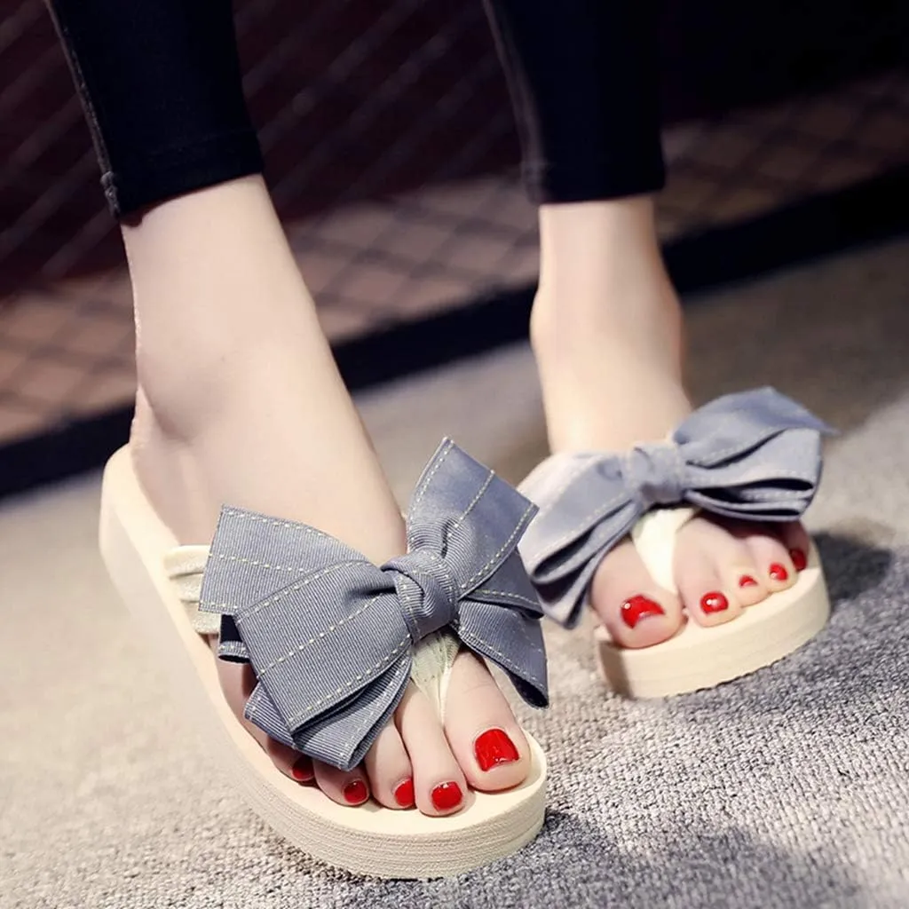 MIOKE Women's Bow Tie Flat Platform Flipflops Summer Fashion Comfort Nonslip Outdoor Beach Thong Sandals