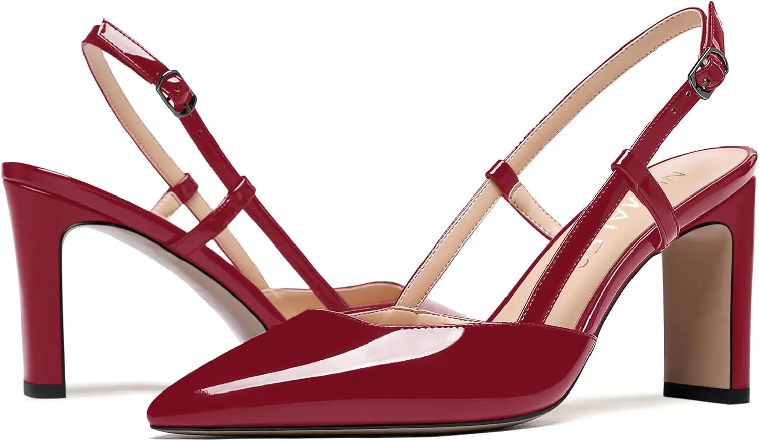 NUMALEO Womens Buckle Slingback Patent Stylish Wedding Pointed Toe Dress Block High Heel Pumps Shoes 3.3 Inch
