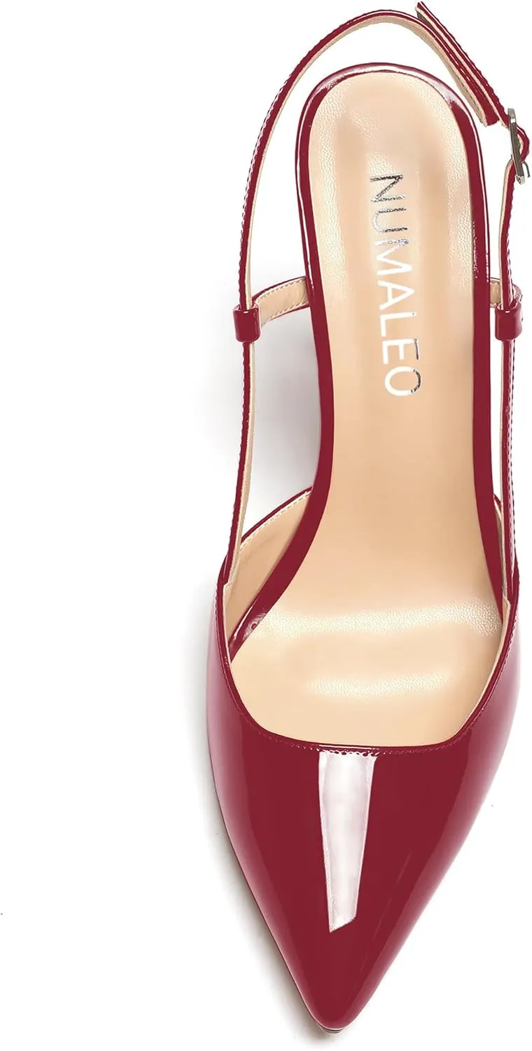 NUMALEO Womens Buckle Slingback Patent Stylish Wedding Pointed Toe Dress Block High Heel Pumps Shoes 3.3 Inch