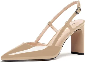 NUMALEO Womens Buckle Slingback Patent Stylish Wedding Pointed Toe Dress Block High Heel Pumps Shoes 3.3 Inch