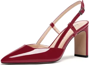 NUMALEO Womens Buckle Slingback Patent Stylish Wedding Pointed Toe Dress Block High Heel Pumps Shoes 3.3 Inch