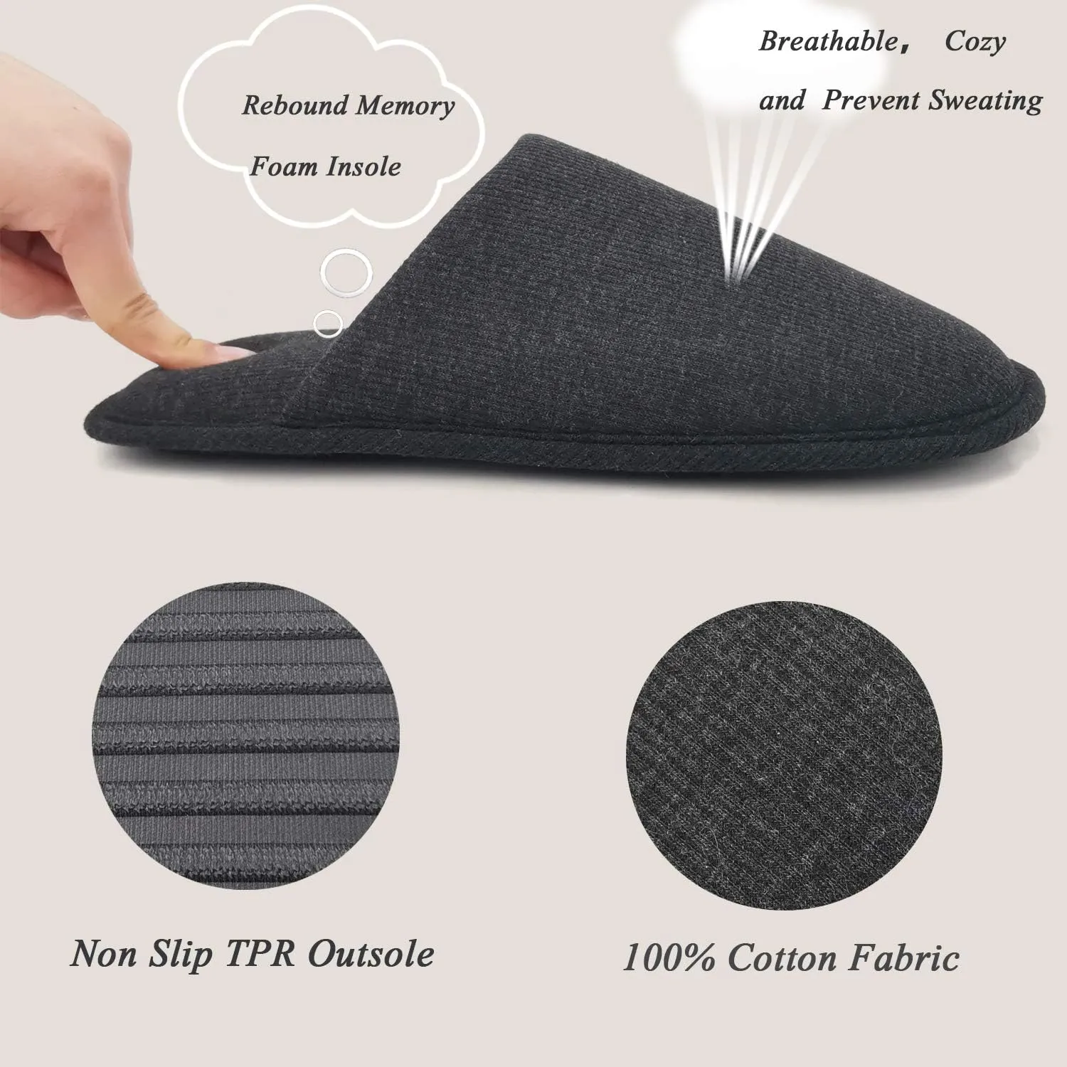 ofoot Mens Indoor Memory Foam Cotton Scuff Slippers Slip On Summer House Shoes Flats Breathable Lightweight Washable Non Skid Rubber Soles