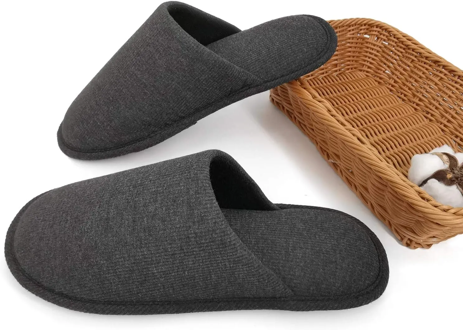 ofoot Mens Indoor Memory Foam Cotton Scuff Slippers Slip On Summer House Shoes Flats Breathable Lightweight Washable Non Skid Rubber Soles