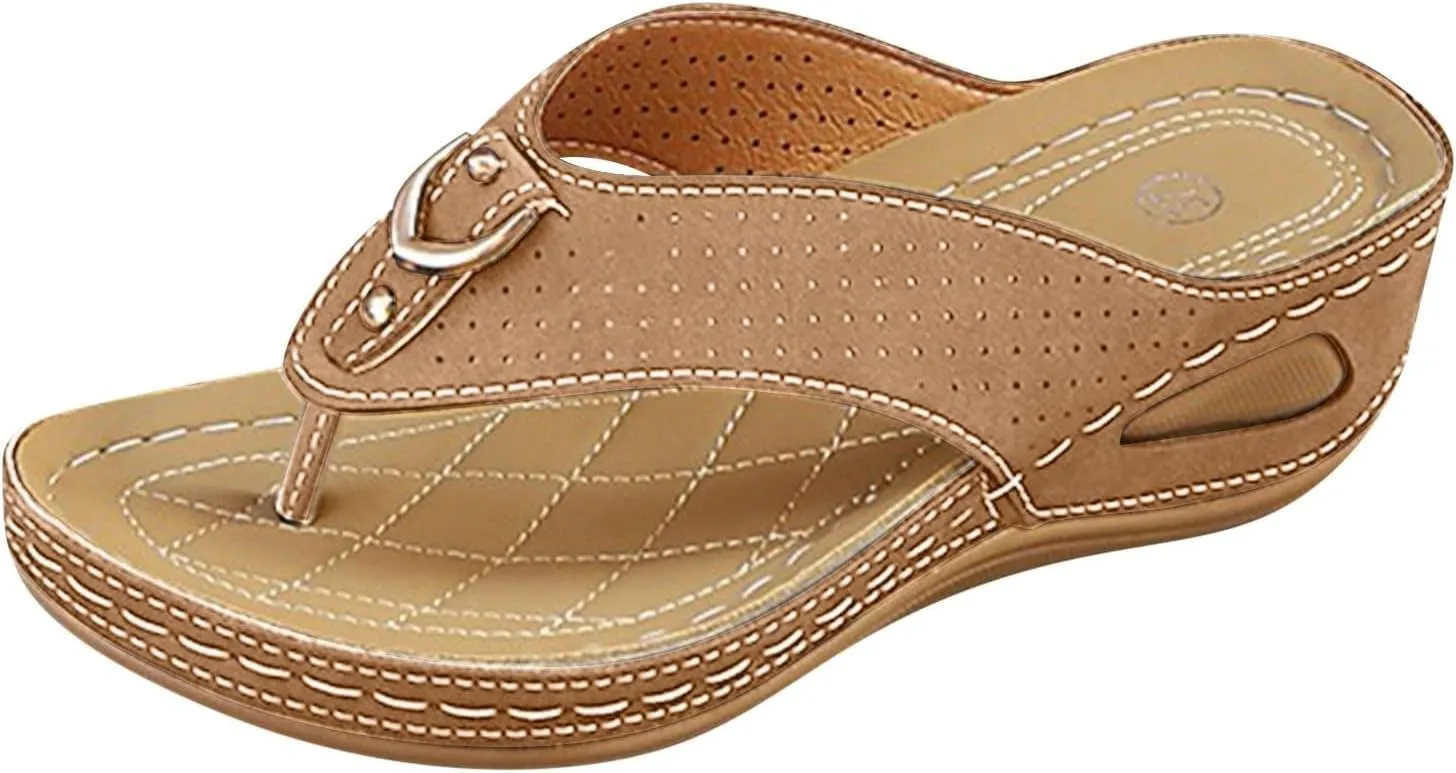 Orthopedic Sandals for Women Arch Support Wedge Casual Comfortable Flat Open Toe Platform Non-Slip Summer Beach 2025 Flower Cutout Wide Width Flip Flops Ladies Arch Thong Breathable Shoes