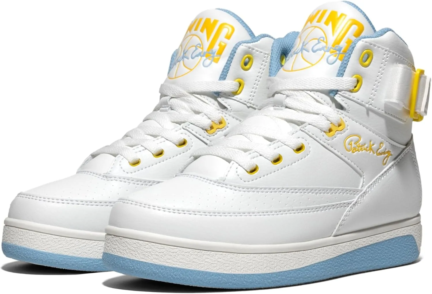 PATRICK EWING Athletics Women's 33 HI Orion Sneakers  White/Sky Blue/Yellow, Iconic Retro Design, Vegan Upper