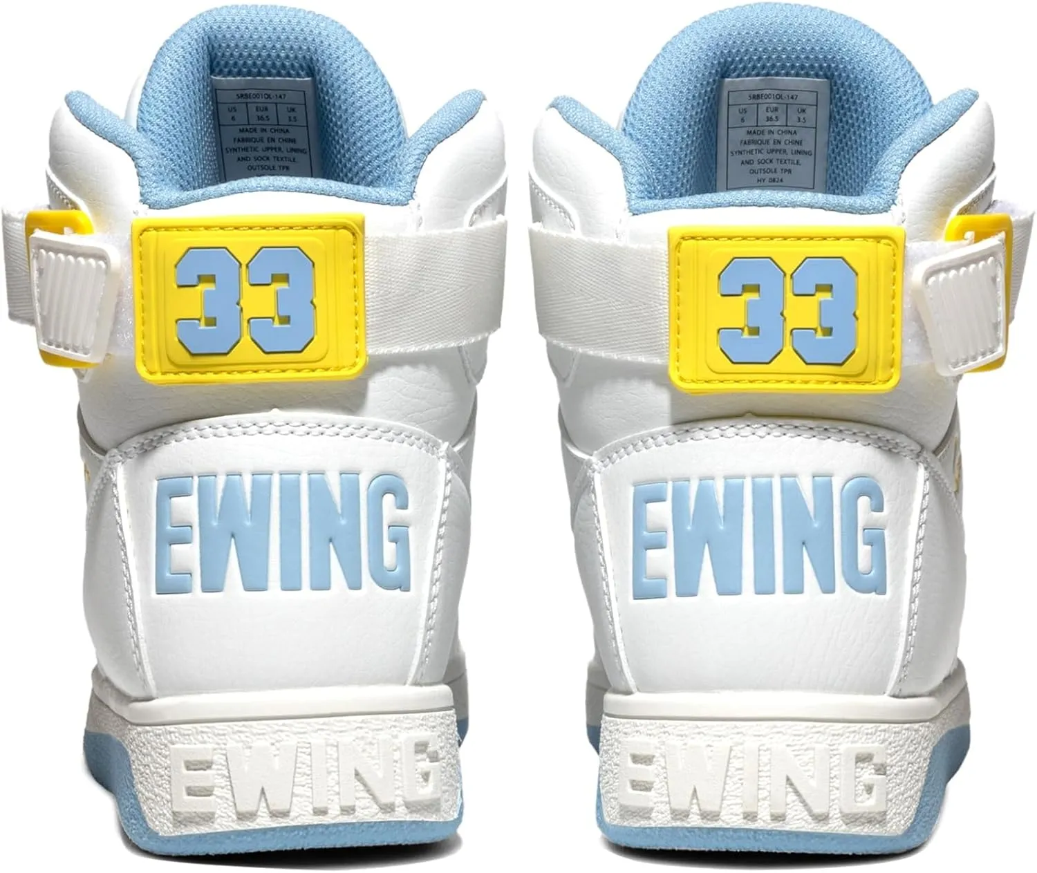 PATRICK EWING Athletics Women's 33 HI Orion Sneakers  White/Sky Blue/Yellow, Iconic Retro Design, Vegan Upper