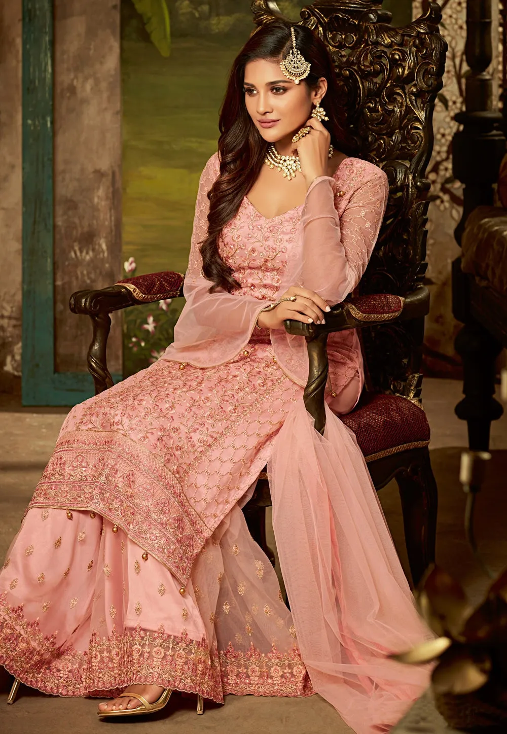 Peach All Over Embroidered Palazzo Suit
