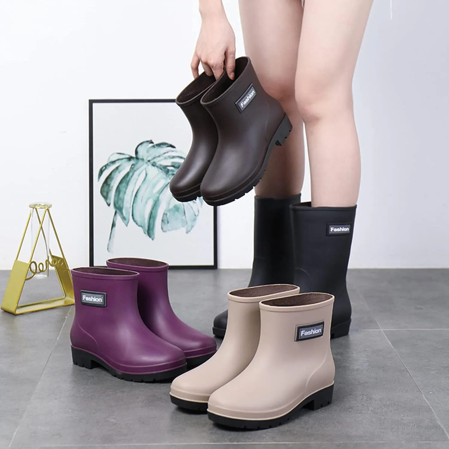 Rain Boots Women Women's Ankle Rain Boots Waterproof Garden Shoes Outdoor Work Boot Slip On Rubber Shoes