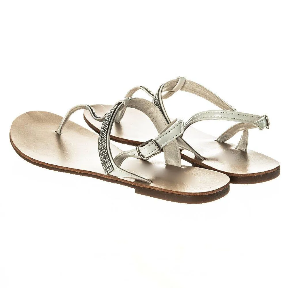 Rapunzel Flat Toe Post  Diamante T-Bar Sandal With Sling Back