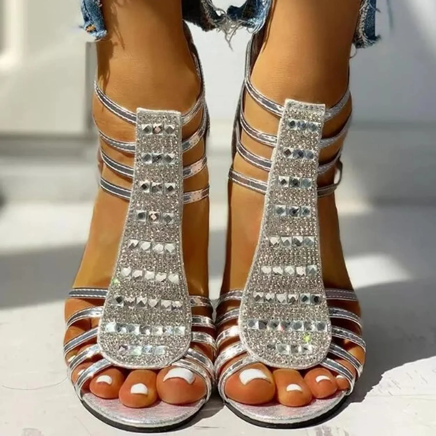 SACFOF Women's Open Toe Shoes High Chunky Heel Cutout Sandals Summer Evening Dress Block Chunky Heels Pumps Sandal Shoes