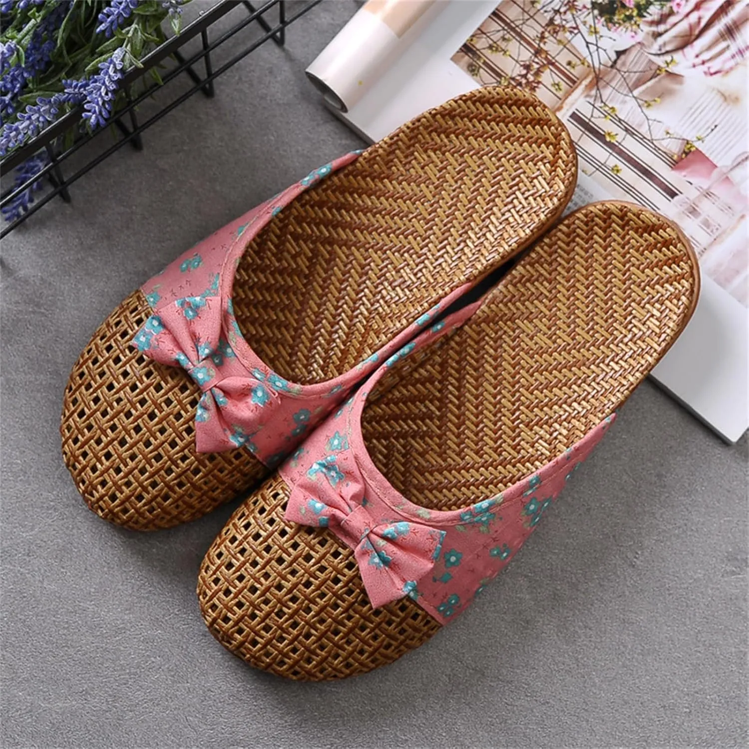 Slide Sandals for Women Summer Slippers Outdoor Indoor Vine Grass Woven Cotton Flax Non-Slip Casual Grass Mat sandal Sandal Bohemian Breathable Vacation Outfits Travel Slipper