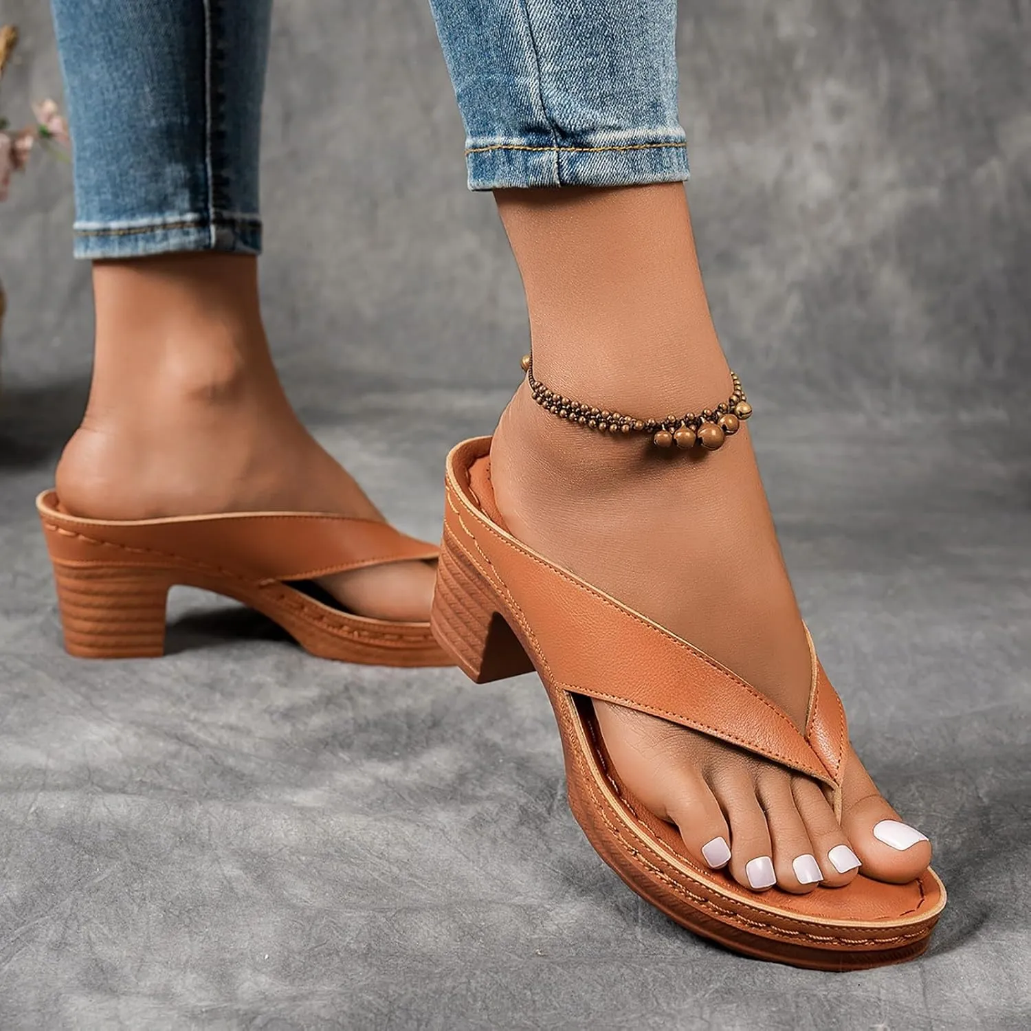 Summer Sandals for Women 2025 Trendy Orthopedic Dressy Chunky Heels Arch Support Comfort Slip-On Open Toe Heeled Flip Flops Bridal Party Wedding Shoes Casual Wedge Thong Sandal