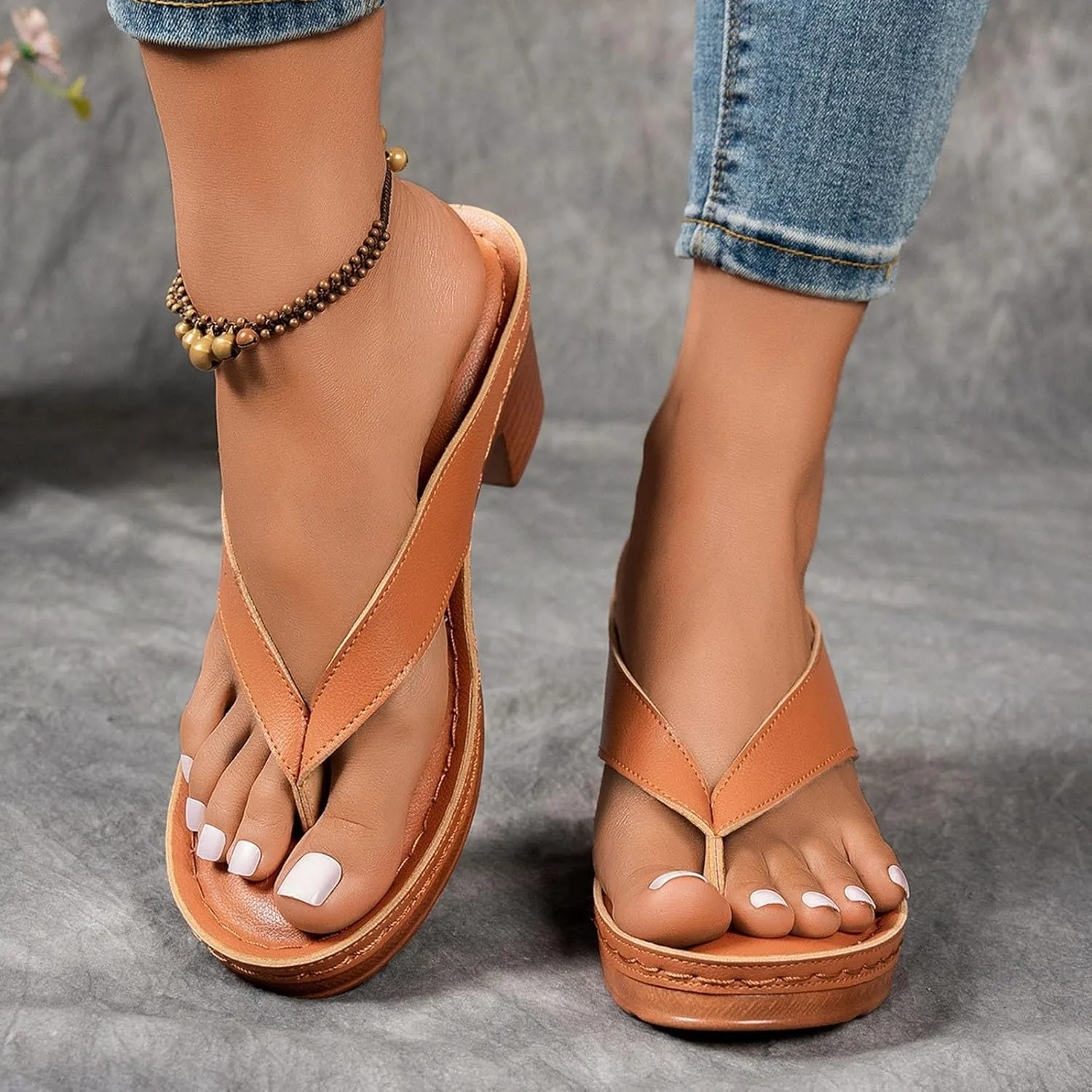 Summer Sandals for Women 2025 Trendy Orthopedic Dressy Chunky Heels Arch Support Comfort Slip-On Open Toe Heeled Flip Flops Bridal Party Wedding Shoes Casual Wedge Thong Sandal