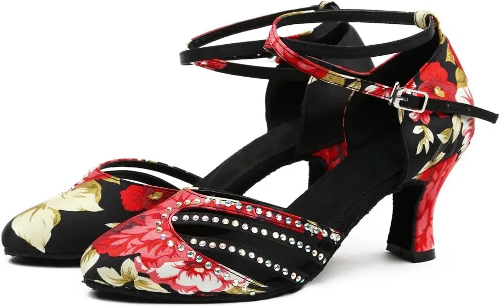 TDA HW7121 Women's Round Toe Floral Cross Strap Black Satin Stylish Salsa Ballroom Latin Dance Shoes Tango Pumps