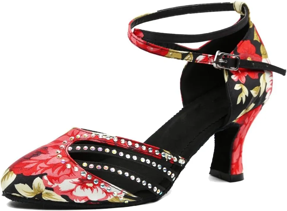TDA HW7121 Women's Round Toe Floral Cross Strap Black Satin Stylish Salsa Ballroom Latin Dance Shoes Tango Pumps