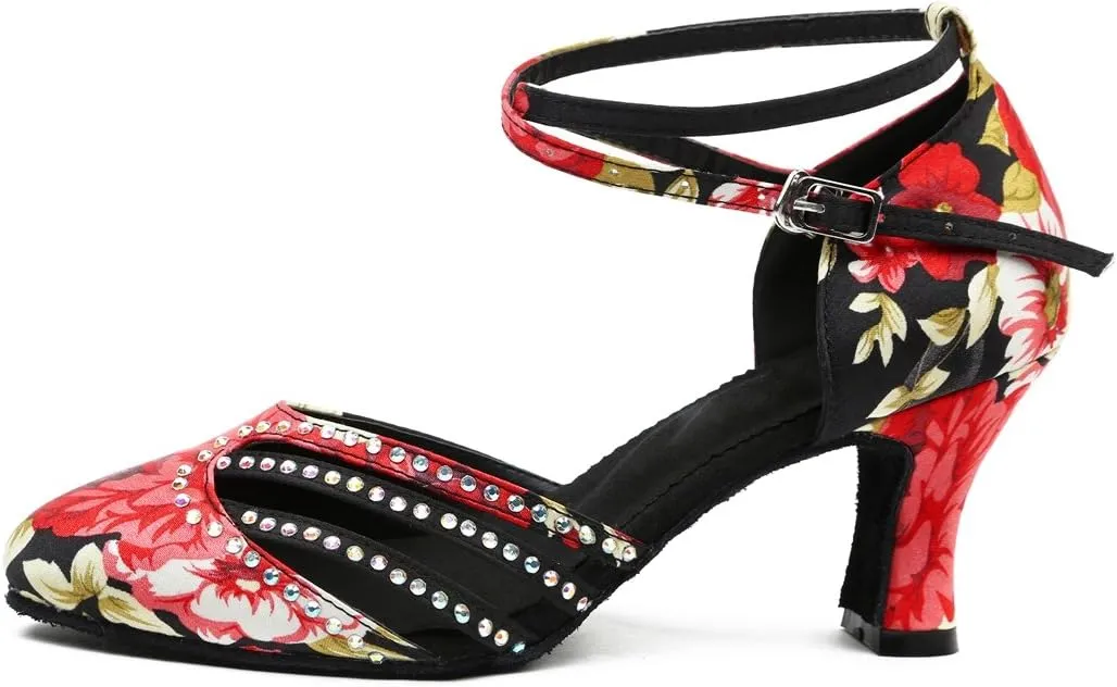 TDA HW7121 Women's Round Toe Floral Cross Strap Black Satin Stylish Salsa Ballroom Latin Dance Shoes Tango Pumps