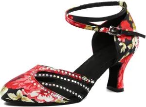 TDA HW7121 Women's Round Toe Floral Cross Strap Black Satin Stylish Salsa Ballroom Latin Dance Shoes Tango Pumps