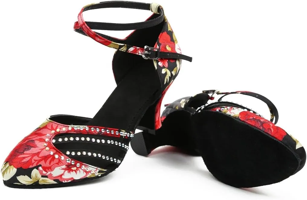 TDA HW7121 Women's Round Toe Floral Cross Strap Black Satin Stylish Salsa Ballroom Latin Dance Shoes Tango Pumps