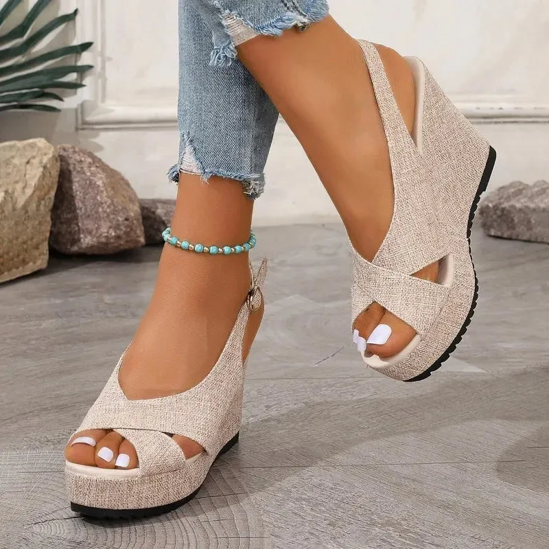 Trendy Ankle Buckle Wedge Denim Sandals
