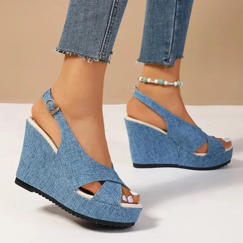 Trendy Ankle Buckle Wedge Denim Sandals