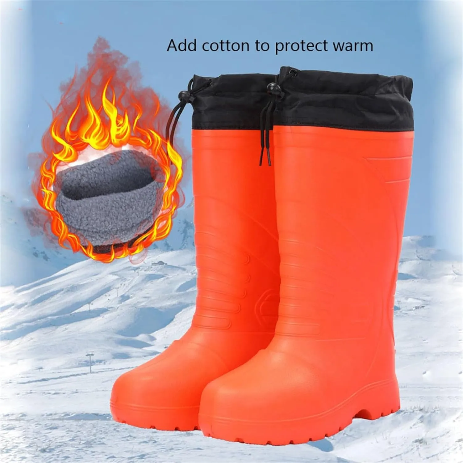 Winter Rain Boots for Men, Men's Outdoor Plush Waterproof Slip-Resistant High Barrel Pull Rope Adjustable Rain Boots, Comfort Lightweight Raining Shoes, for Gardening Fishing Farming