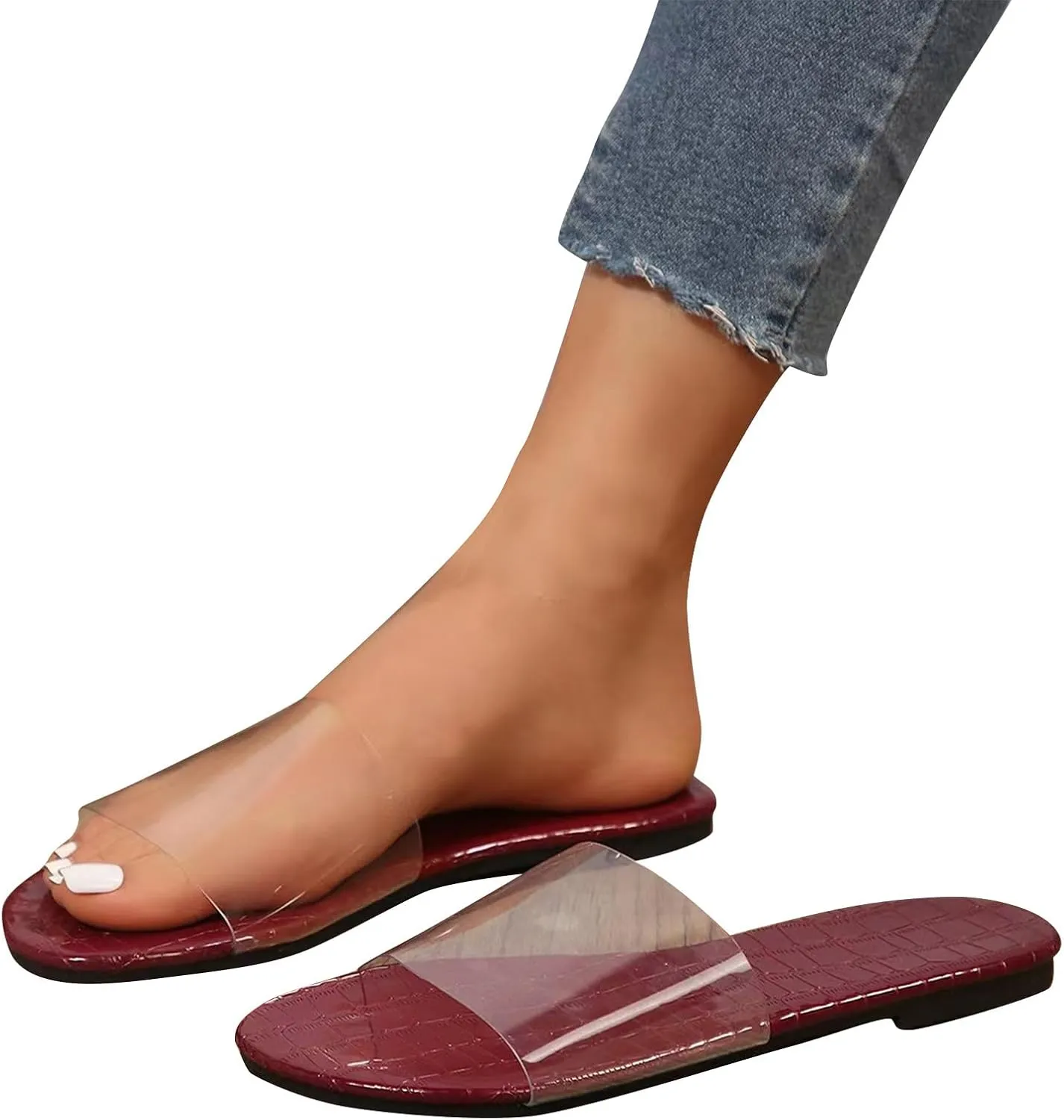Women's Crocodile Pattern Trendy Slipper Perspective Spa Solid Slip on Sandals Open Toe Summer Slide Anti-Slip Shoe