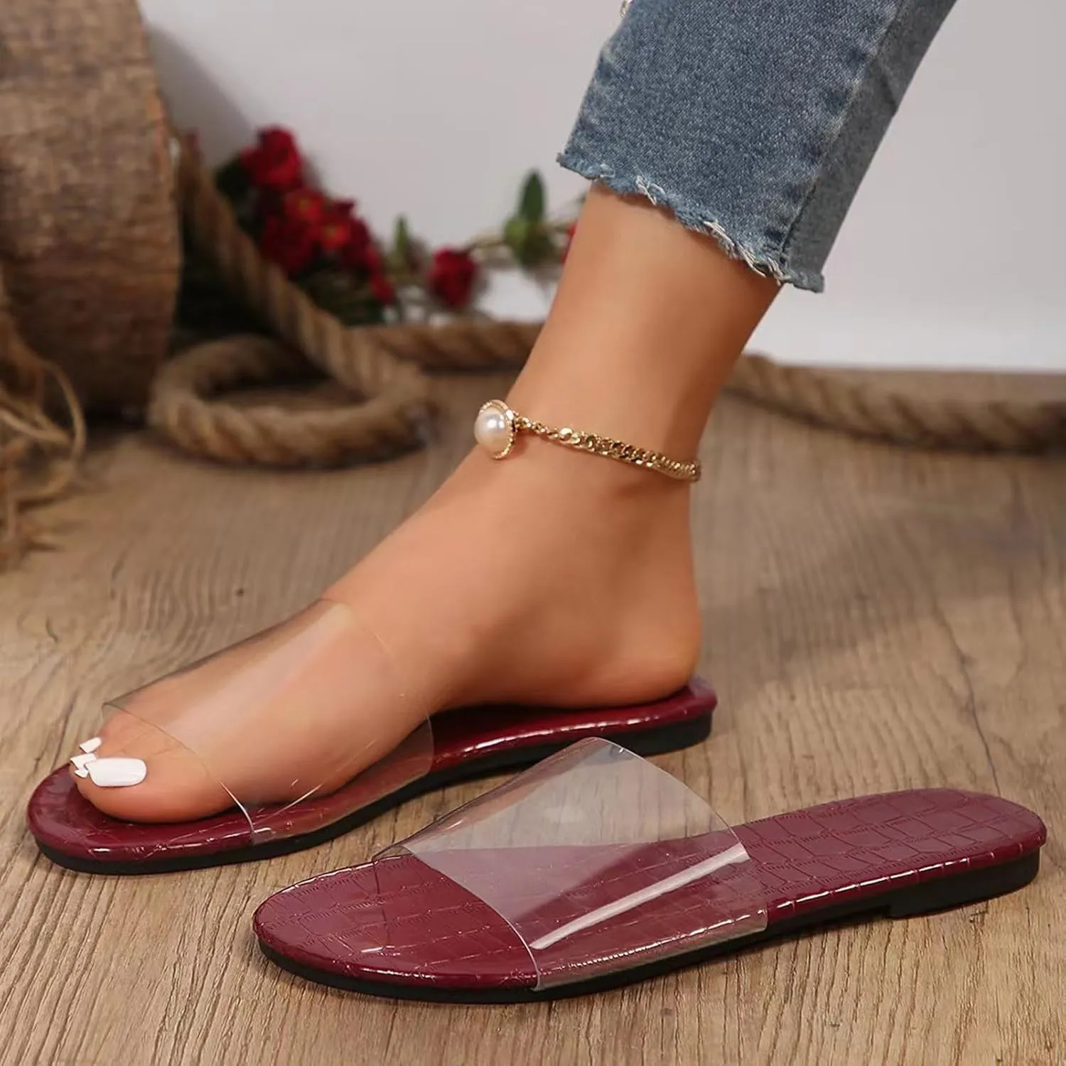 Women's Crocodile Pattern Trendy Slipper Perspective Spa Solid Slip on Sandals Open Toe Summer Slide Anti-Slip Shoe