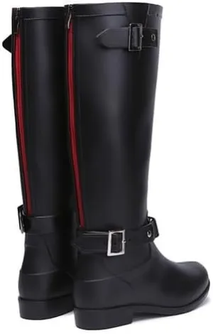 Women's High Rain Boots Waterproof, Back Zipper Comfort Rain Boots (Black-Red Zipper,6)