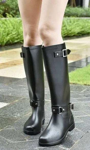 Women's High Rain Boots Waterproof, Back Zipper Comfort Rain Boots (Black-Red Zipper,6)