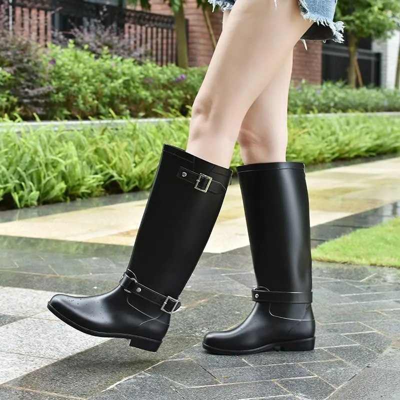 Women's High Rain Boots Waterproof, Back Zipper Comfort Rain Boots (Black-Red Zipper,6)