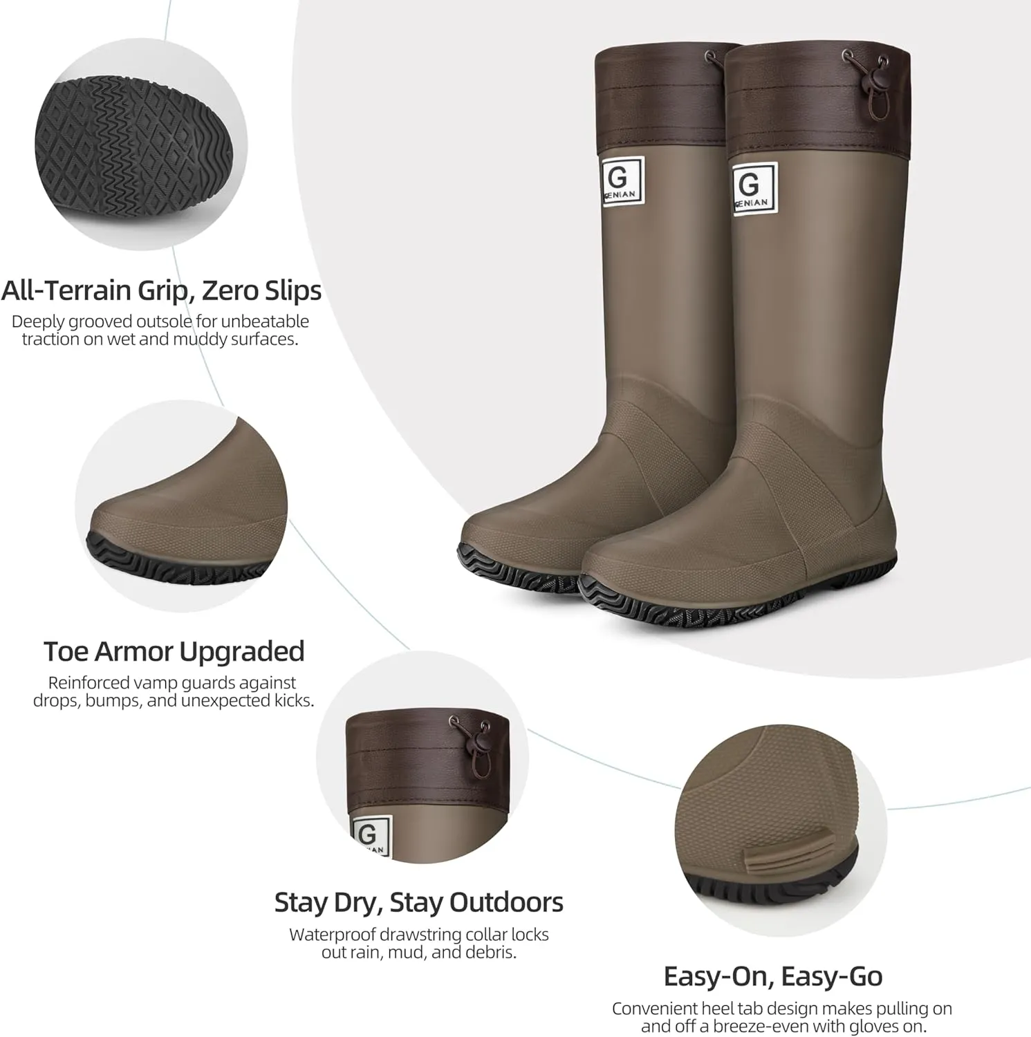 Womens Mid-Calf Rain Boots  Waterproof Foldable Rubber Boots with Adjustable Cuff, Anti-Slip Sole, Lightweight for Gardening & Outdoor Work
