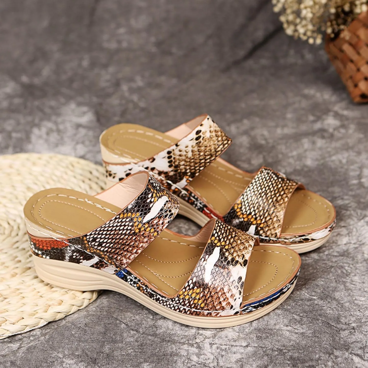 Womens Orthopedic Sandals with Arch Support Platform Open Toe Comfortable Casual Beach Slip on Walking Shoes Wedge Breathable Fashion Summer Outdoor Leopard Print Sandals