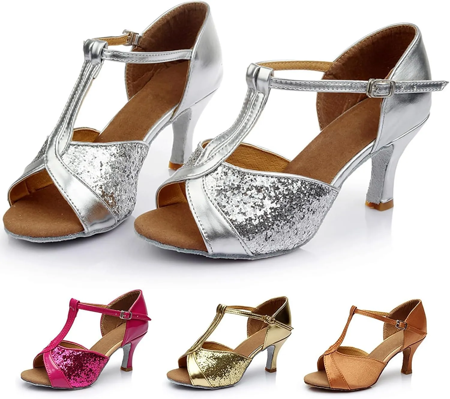 Womens Sandals Buckle Latin Dance Shoes Suede Sole Wedding Performance Dance Summer Open Toe Mid Heels Shoes
