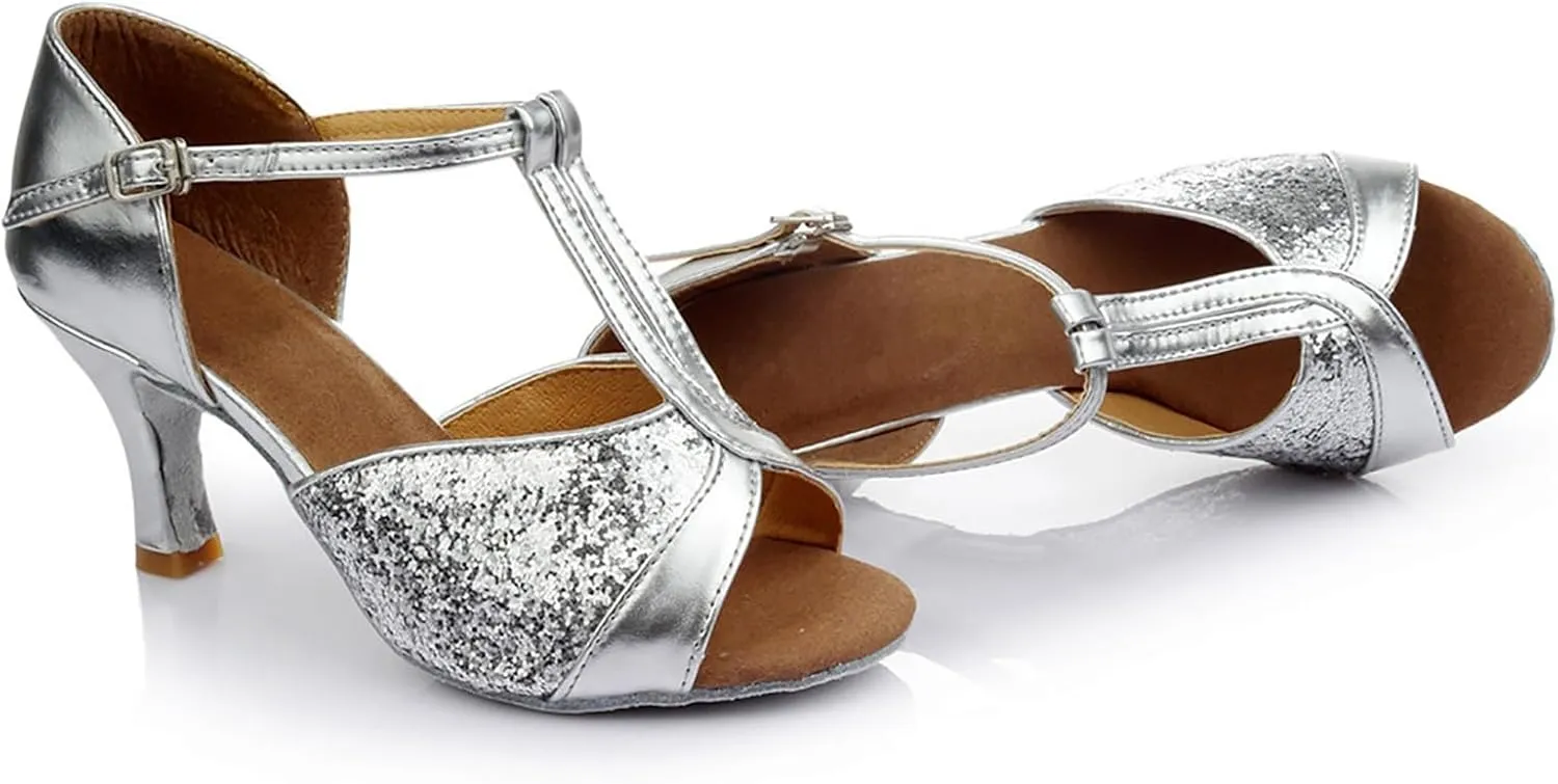 Womens Sandals Buckle Latin Dance Shoes Suede Sole Wedding Performance Dance Summer Open Toe Mid Heels Shoes