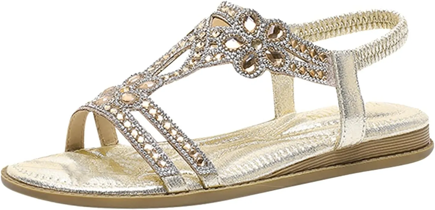 Womens Sandals Shoes Comfort Walking with Non Slip on Casual Summer Beach Shoes Dress Ankle Elastic Jeweled Bohemian Flats