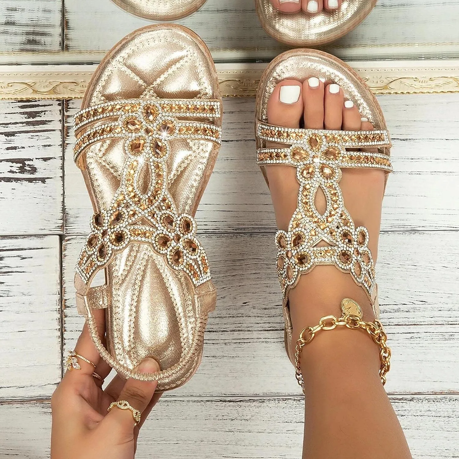 Womens Sandals Shoes Comfort Walking with Non Slip on Casual Summer Beach Shoes Dress Ankle Elastic Jeweled Bohemian Flats