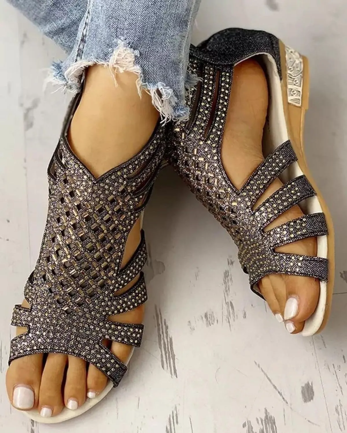 Womens Slide Wedge Sandal Crystal Rhinestone Fish Mouth Dressy Bling Sparkly Thong Sandals Arch Supports Casual Walking Comfortable Slip on Fashion Boho Shoes