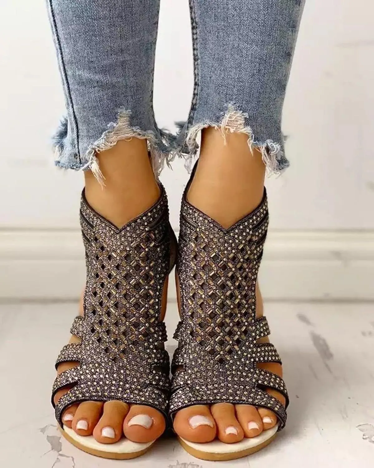 Womens Slide Wedge Sandal Crystal Rhinestone Fish Mouth Dressy Bling Sparkly Thong Sandals Arch Supports Casual Walking Comfortable Slip on Fashion Boho Shoes