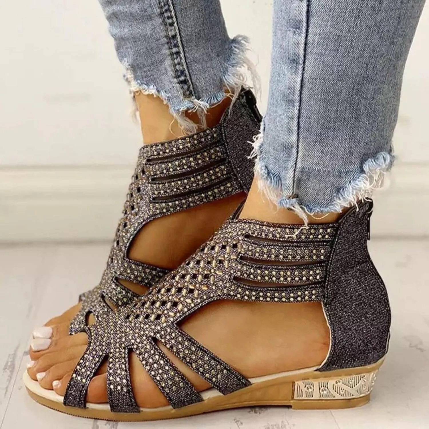 Womens Slide Wedge Sandal Crystal Rhinestone Fish Mouth Dressy Bling Sparkly Thong Sandals Arch Supports Casual Walking Comfortable Slip on Fashion Boho Shoes