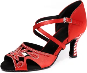 Women's Stylish Glitter Rhinestones Peep Toe Satin Ballroom Tango Party Wedding Professional Dance Shoes Red US 6