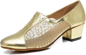 Women's Stylish Round Toe Synthetic Ballroom Morden Tango Party Wedding Professional Dance Shoes Gold US 8.5