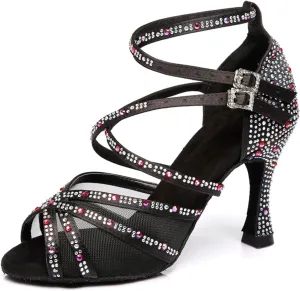 Women's Stylish Sparkle Rhinestones Peep Toe Satin Ballroom Jazz Party Wedding Practice Dance Shoes Black US 9