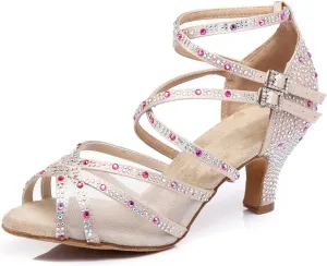 Women's Stylish Sparkle Rhinestones Peep Toe Satin Ballroom Jazz Party Wedding Practice Dance Shoes Nude US 5