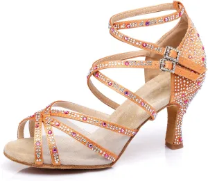 Women's Stylish Sparkle Rhinestones Peep Toe Satin Ballroom Jazz Party Wedding Practice Dance Shoes Orange Yellow US 8.5