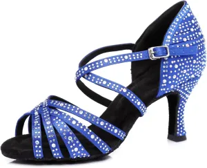 Women's Stylish Sparkle Rhinestones Peep Toe Satin Ballroom Jazz Party Wedding Practice Professional Dance Shoes Blue US 8
