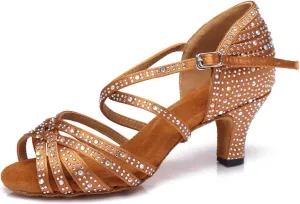 Women's Stylish Sparkle Rhinestones Peep Toe Satin Ballroom Jazz Party Wedding Practice Professional Dance Shoes Bronze US 10.5