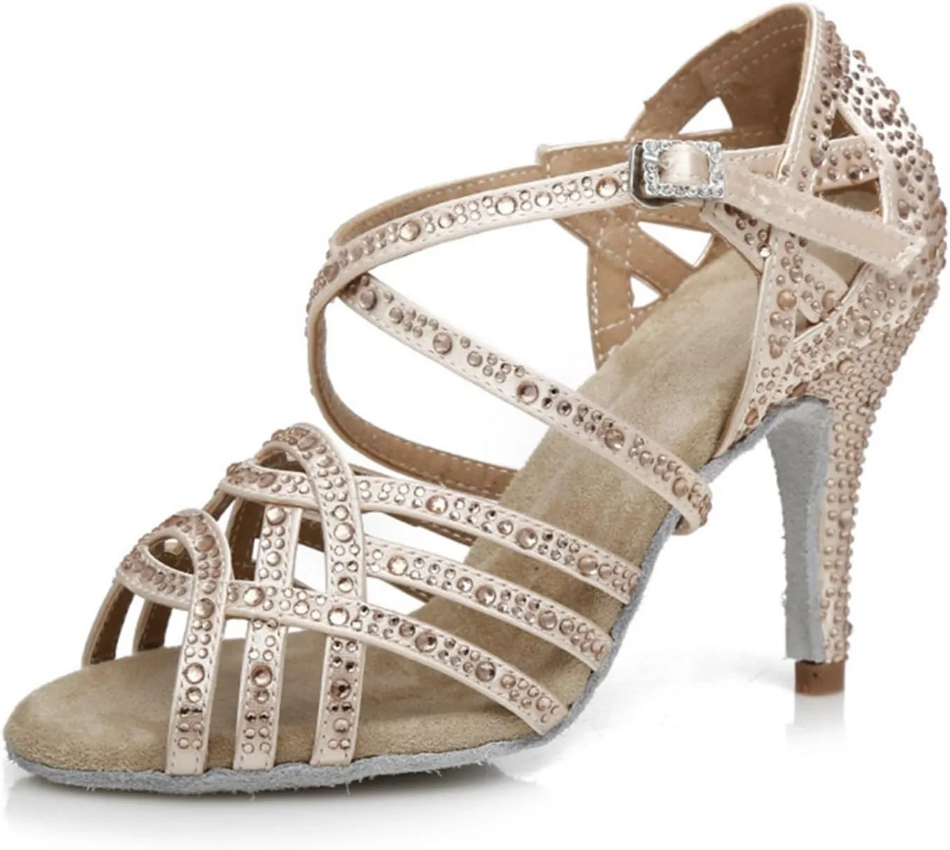 Women's Stylish Sparkle Rhinestones Peep Toe Satin Ballroom Modern Tango Party Wedding Practice Dance Shoes Nude US 8