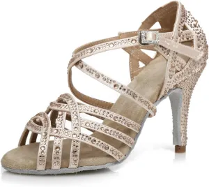 Women's Stylish Sparkle Rhinestones Peep Toe Satin Ballroom Modern Tango Party Wedding Practice Dance Shoes Nude US 8
